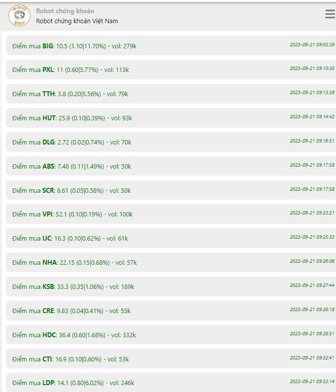 robot chứng khoán  free - điểm mua mới HUT NHA SCR KSB TAR